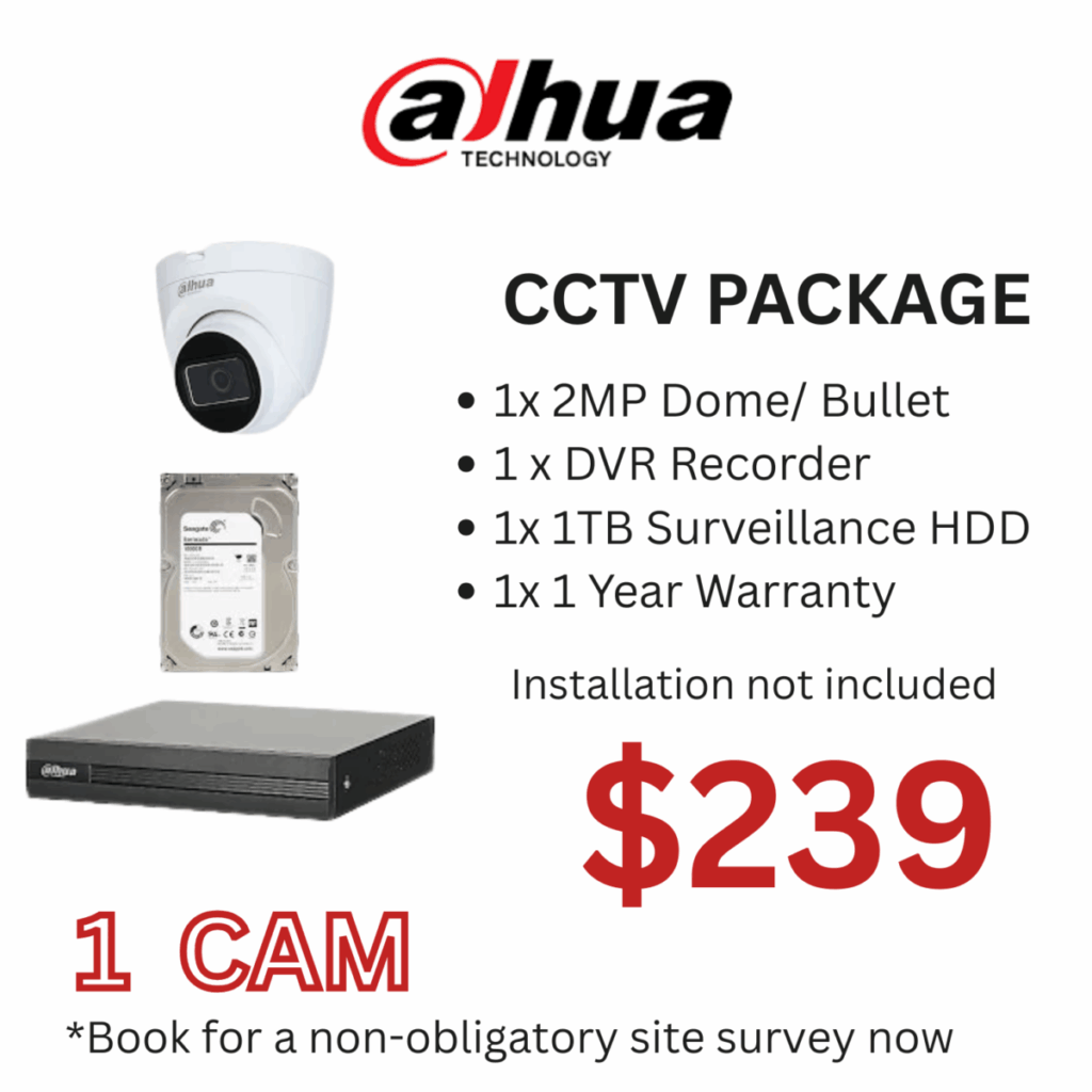 Dahua 1 Camera CCTV Package with DVR and 1TB hard disk for home or office security in Singapore.