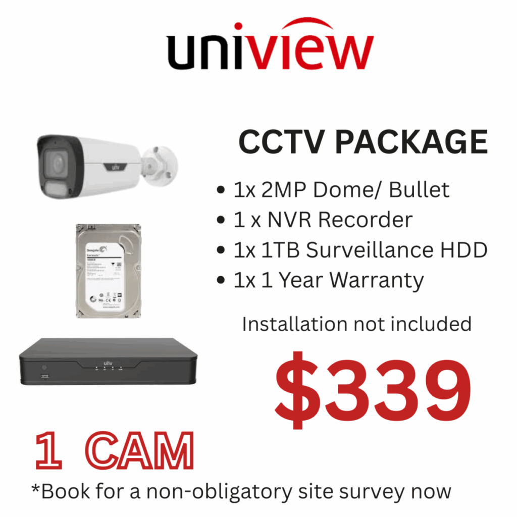 Uniview 1 IP Camera CCTV Package with NVR and 1TB hard disk for home or office security in Singapore.