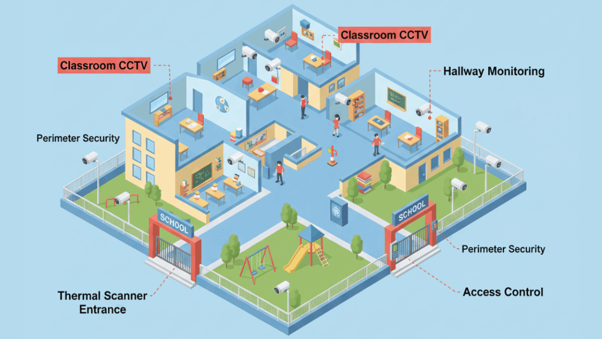School campus with CCTV cameras, access control, temperature checks, and perimeter monitoring for student safety.