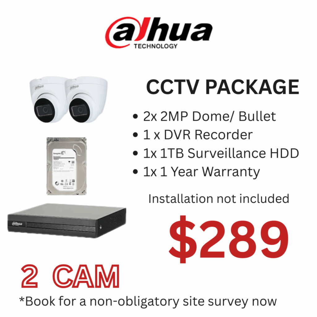 Dahua 2 Camera CCTV Package with DVR and 1TB hard disk for home or office security in Singapore.