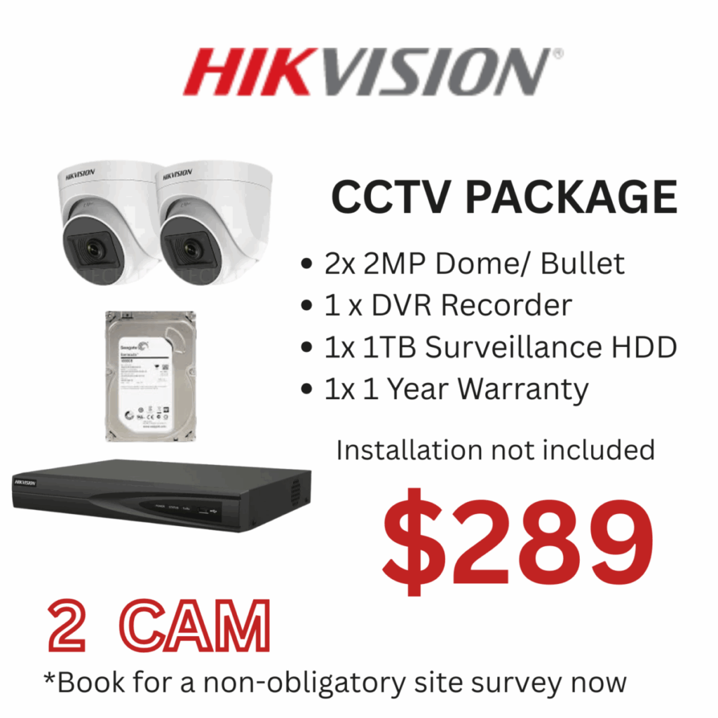 Hikvision 2 Camera CCTV Package with DVR and 1TB hard disk for home or office security in Singapore.