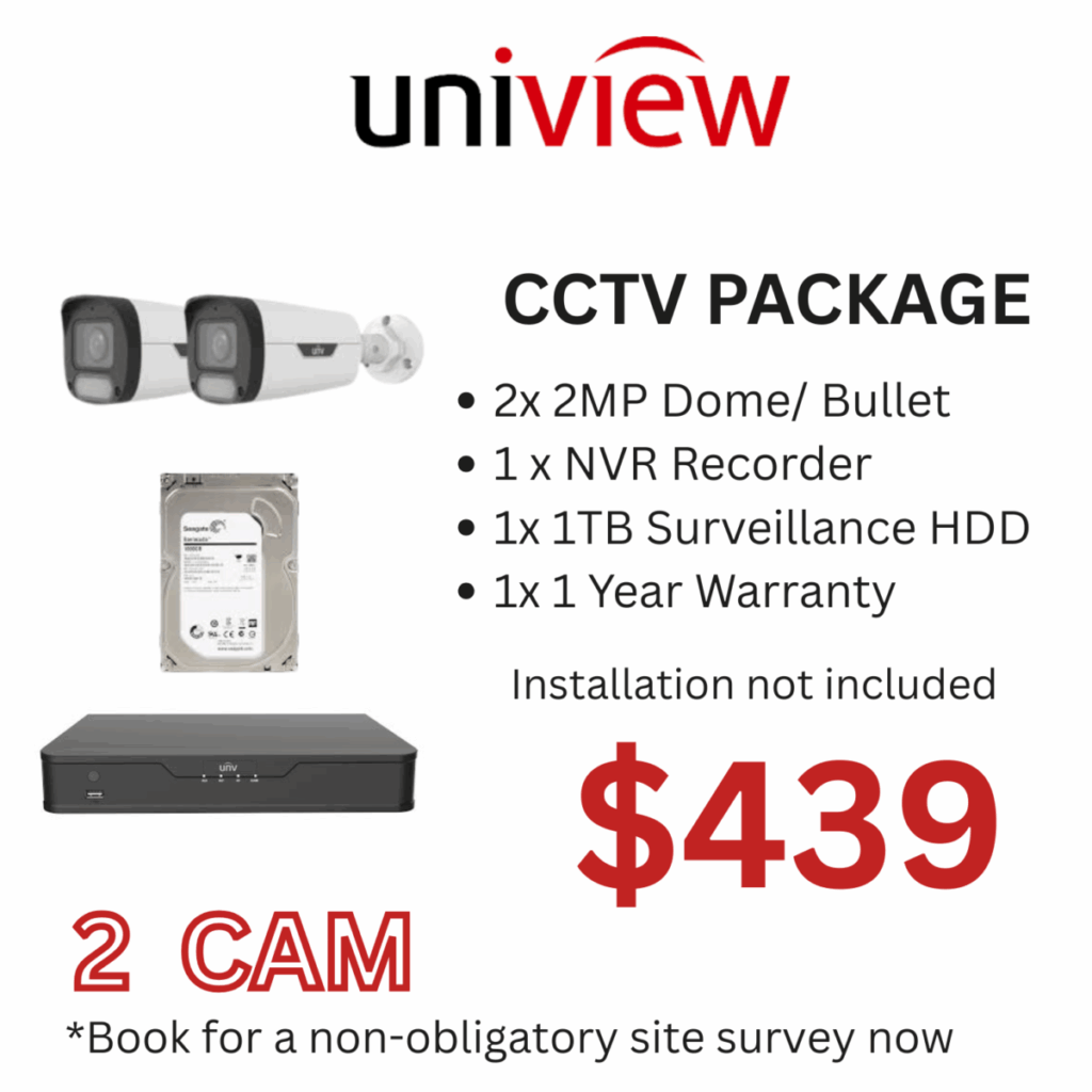 Uniview 2 IP Camera CCTV Package with NVR and 1TB hard disk for home or office security in Singapore.