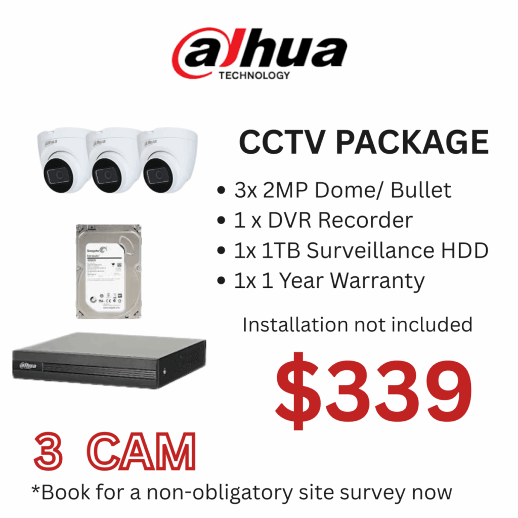 Dahua 3 Camera CCTV Package with DVR and 1TB hard disk for home or office security in Singapore.