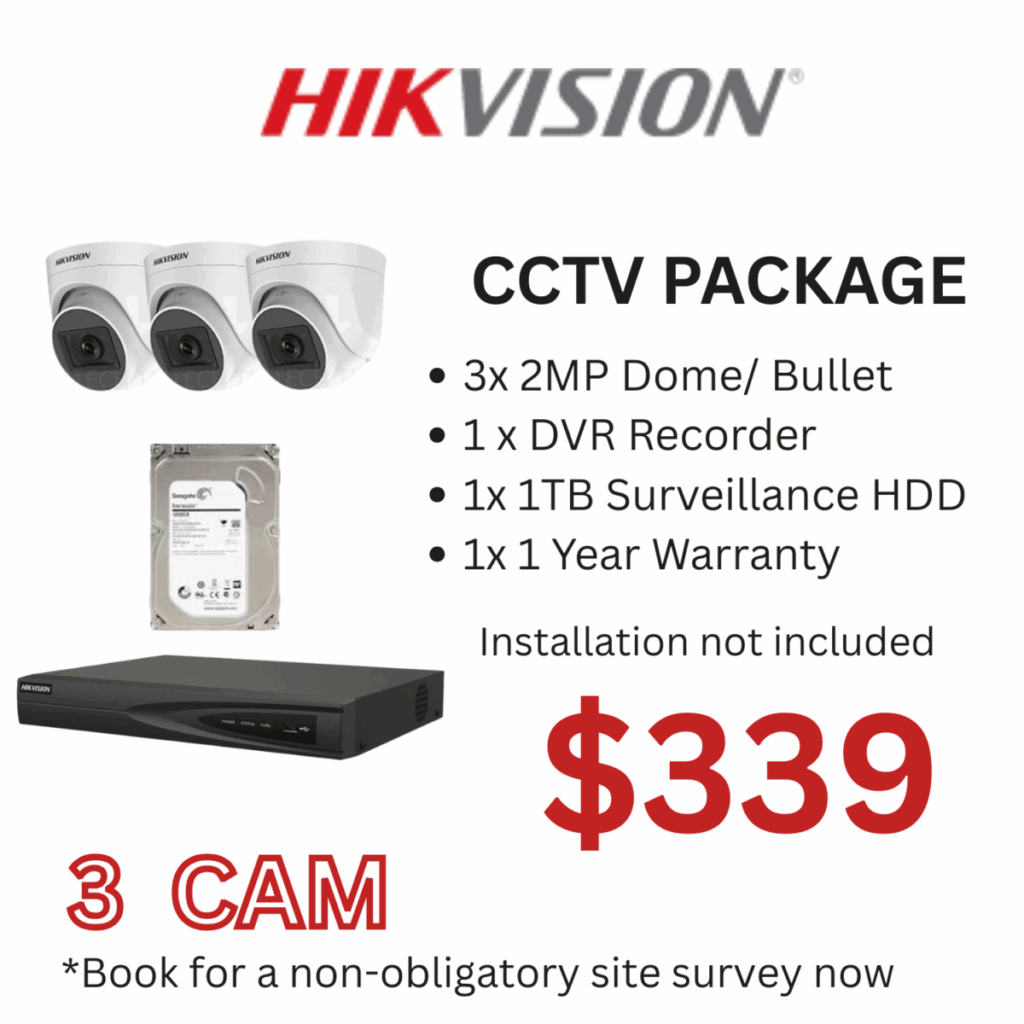 Hikvision 3 Camera CCTV Package with DVR and 1TB hard disk for home or office security in Singapore.