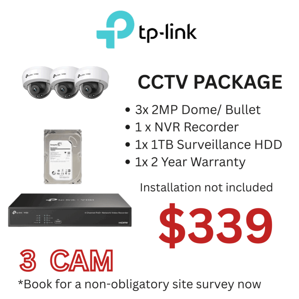 TP-Link 3 Camera CCTV Package with NVR and 1TB hard disk for home or office security in Singapore.
