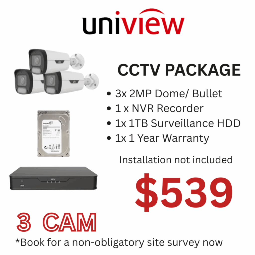 Uniview 3 IP Camera CCTV Package with NVR and 1TB hard disk for home or office security in Singapore.