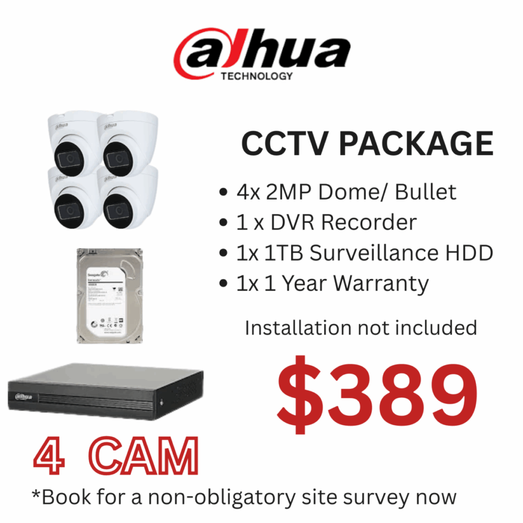 Dahua 4 Camera CCTV Package with DVR and 1TB hard disk for home or office security in Singapore.