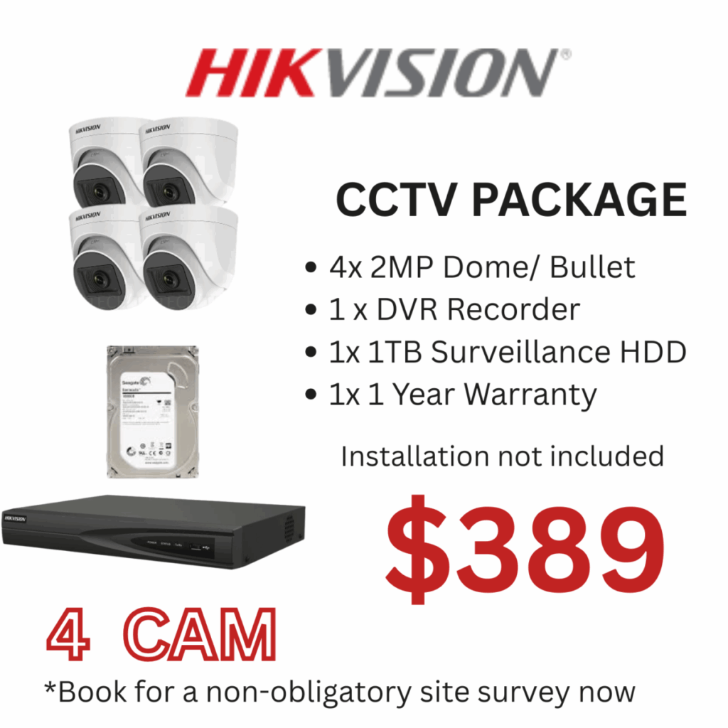 Hikvision 4 Camera CCTV Package with DVR and 1TB hard disk for home or office security in Singapore.