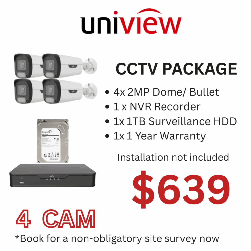 Uniview 4 IP Camera CCTV Package with NVR and 1TB hard disk for home or office security in Singapore.