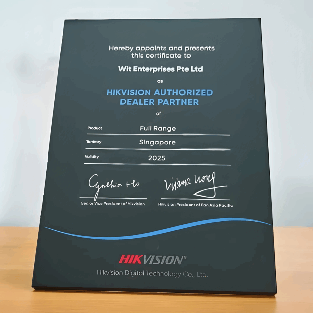 Hikvision Authorised Dealer Certificate awarded to WIT Singapore, official partner for CCTV and surveillance solutions.