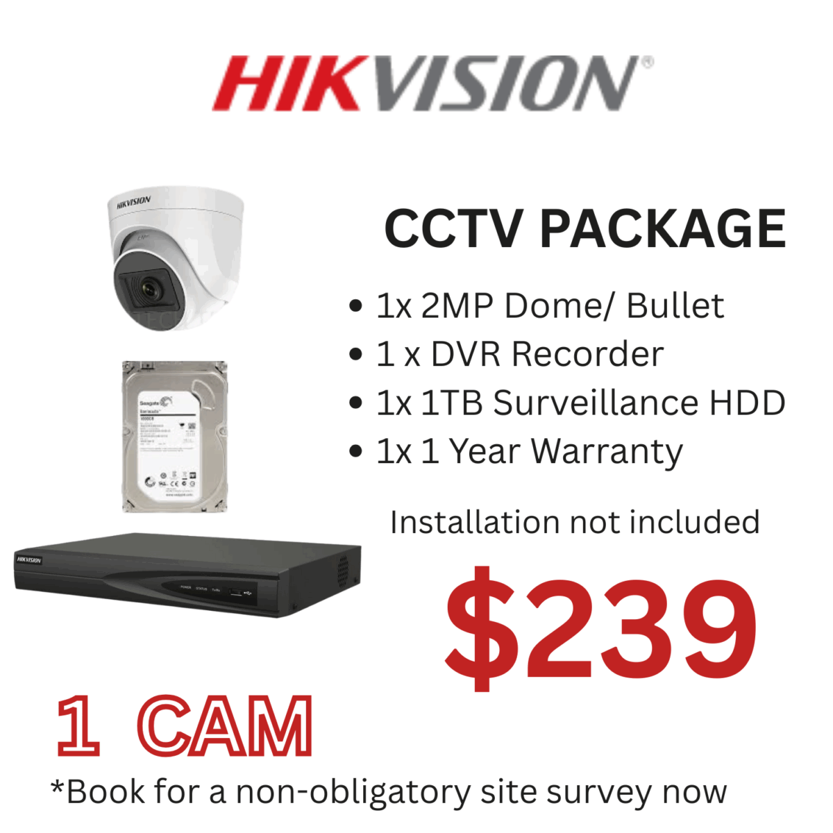 Hikvision 1 Camera CCTV Package with DVR and 1TB hard disk for home or office security in Singapore.