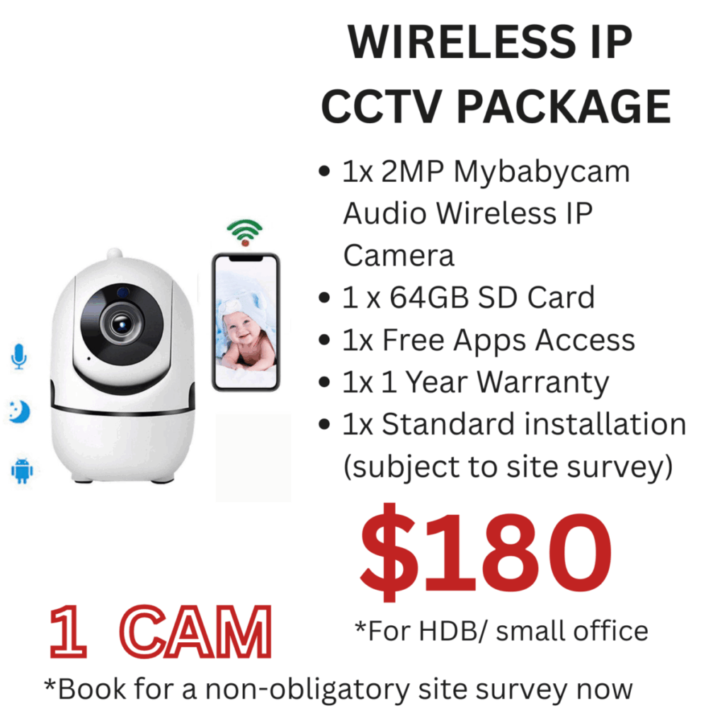 Wireless IP CCTV package with 2MP Mybabycam, SD card, mobile app access, and installation – affordable security for HDB & small offices.