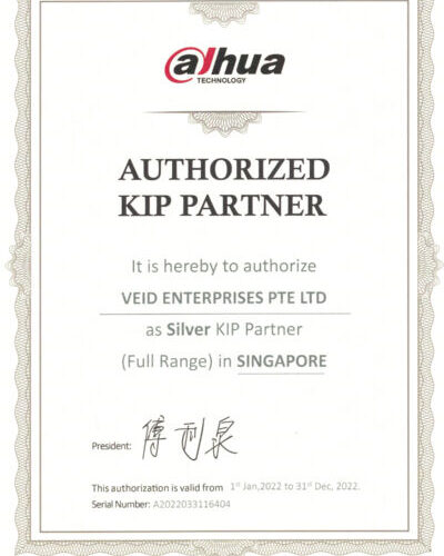 Dahua Authorised Dealer Certificate awarded to WIT Singapore, official partner for CCTV and surveillance solutions.